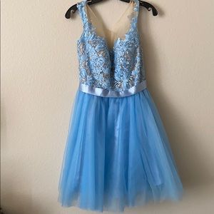 Periwinkle semi-formal dress with lace flowers